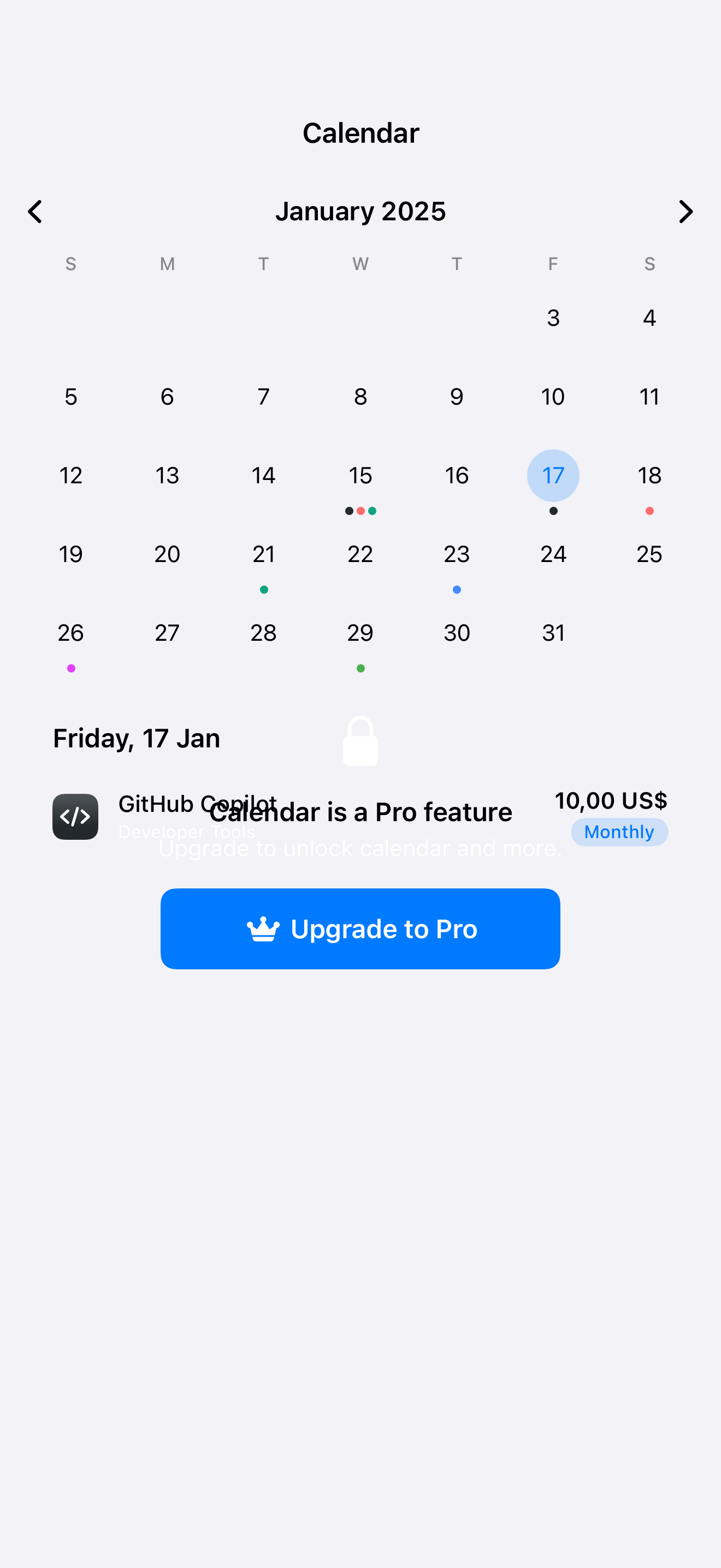 SubTracker Calendar screen