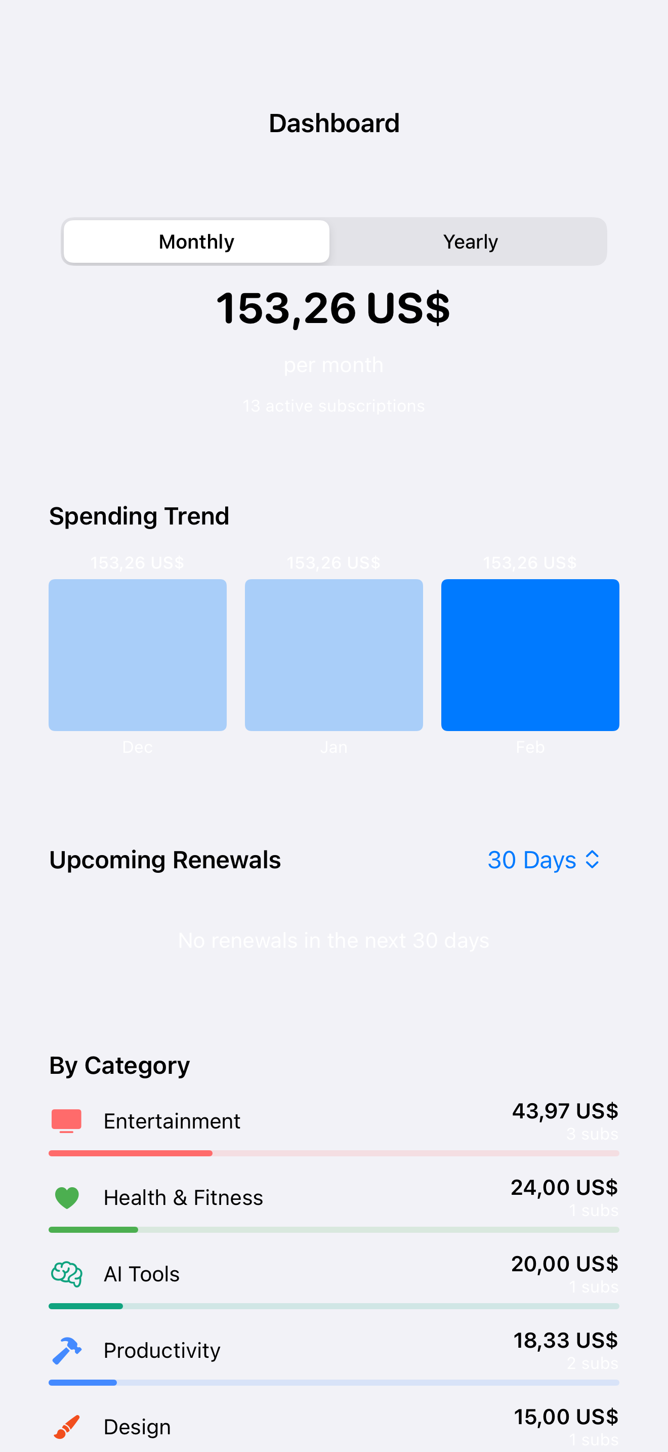 SubTracker Dashboard screen
