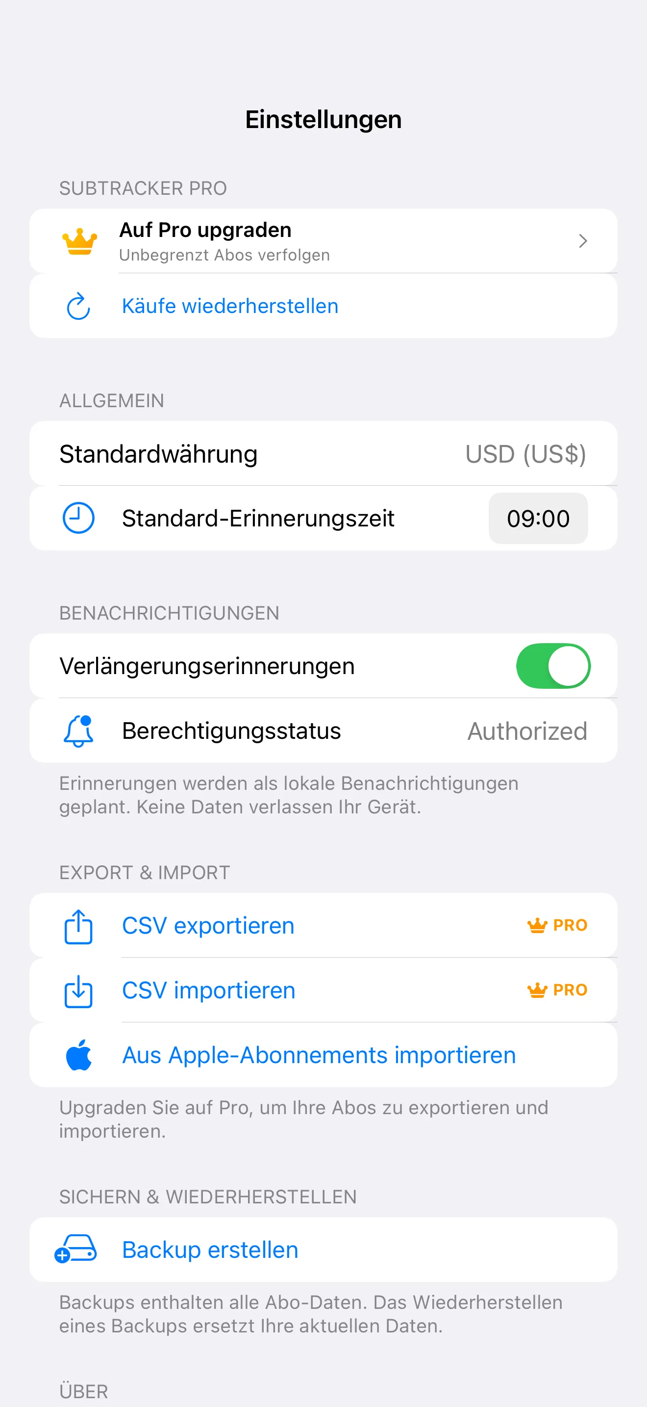 SubTracker Settings screen