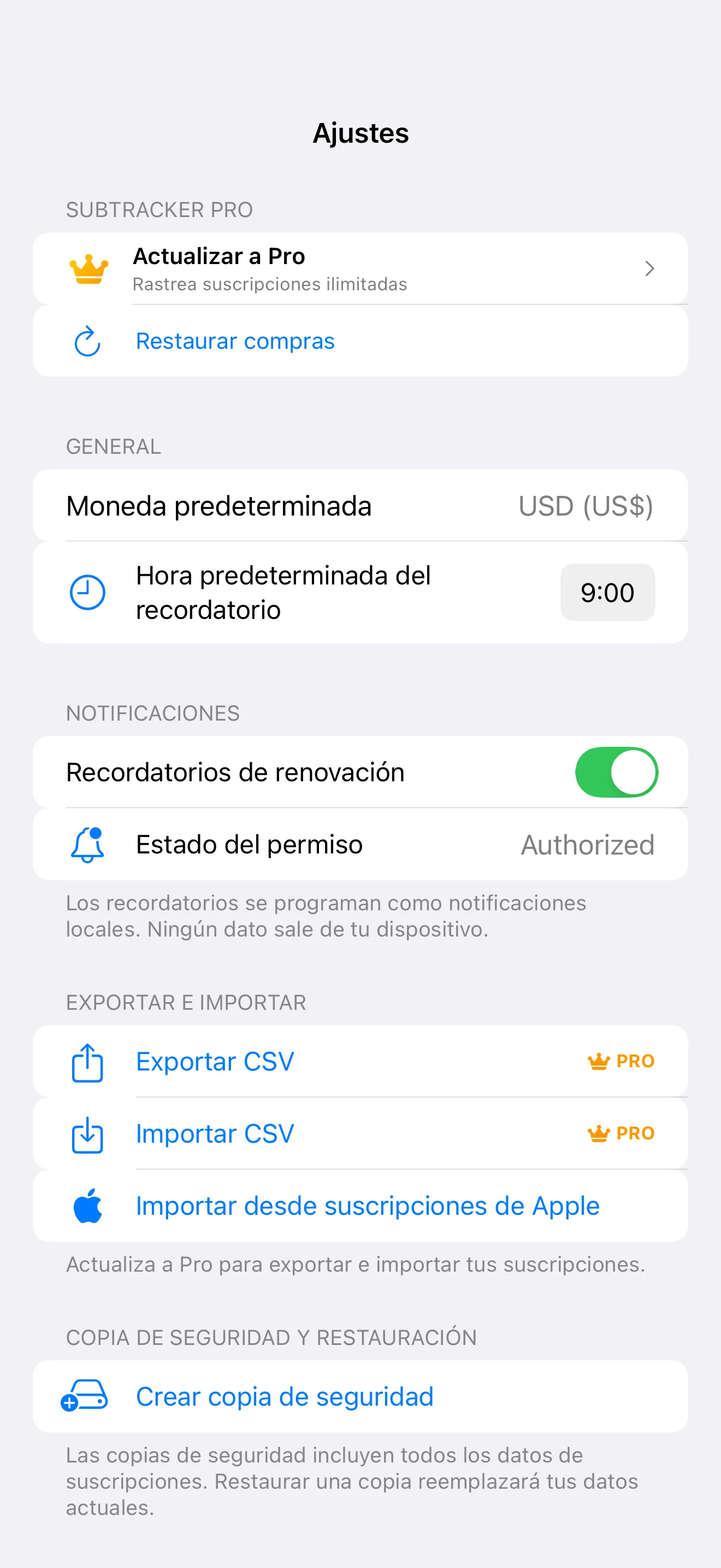 SubTracker Settings screen
