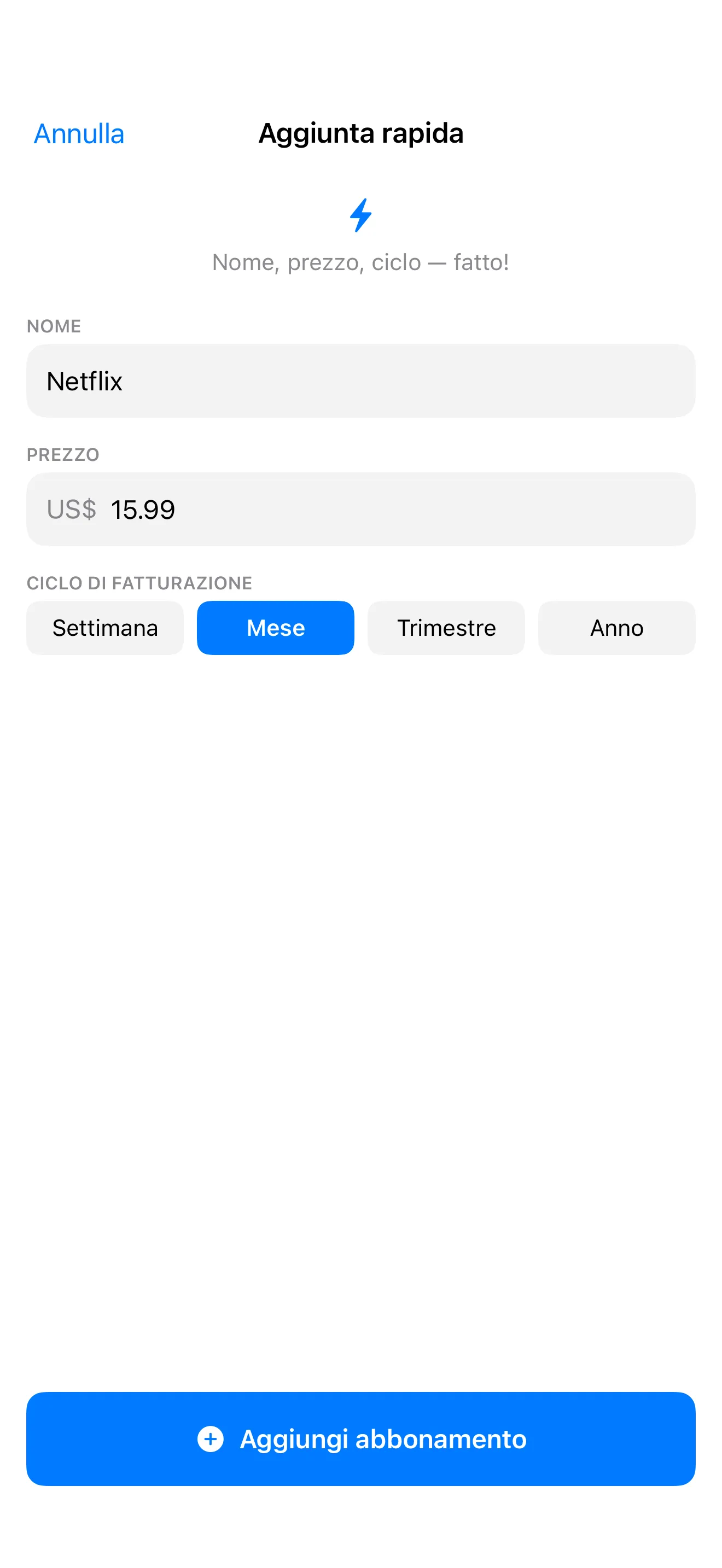 SubTracker Quick Add screen