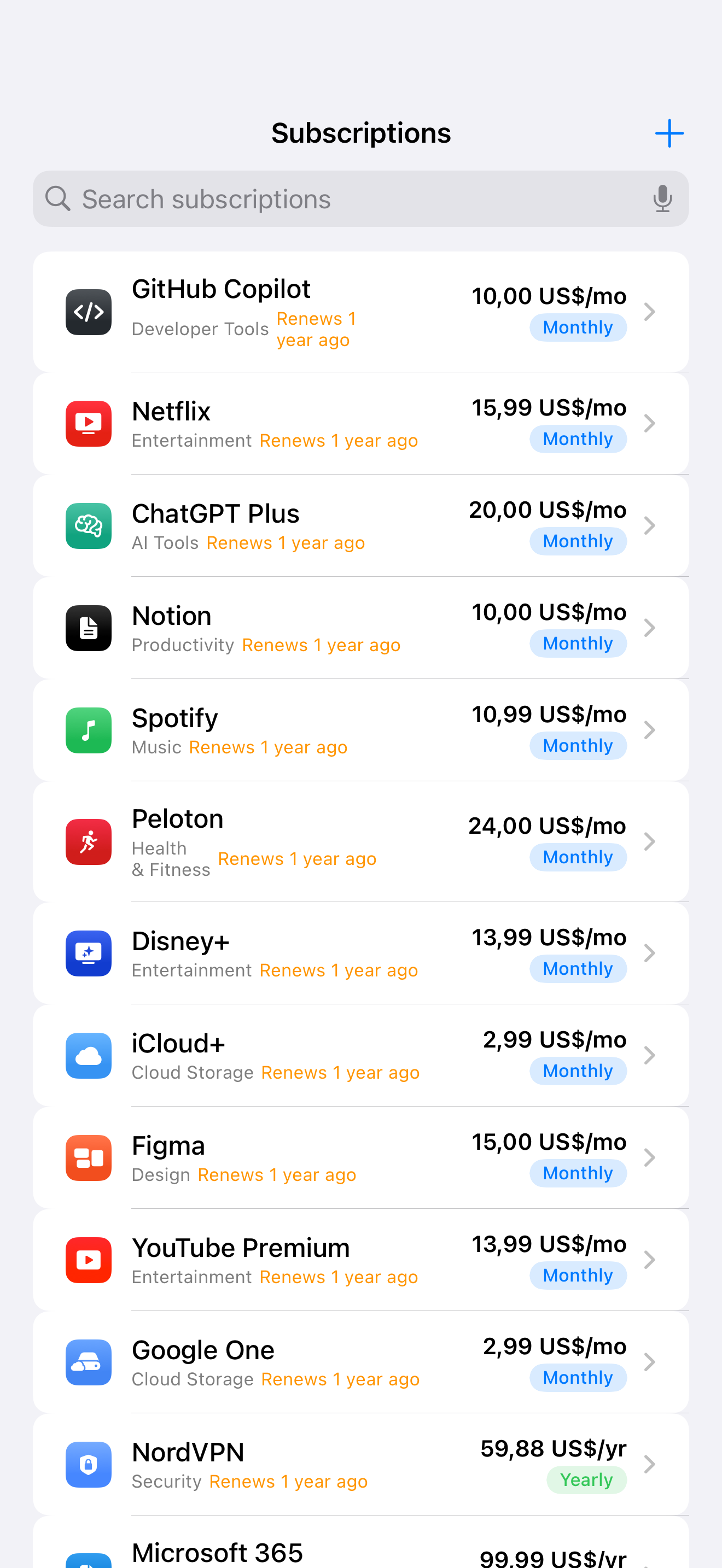 SubTracker Subscriptions screen